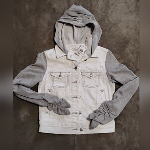 Vanity Stretch Denim White Jean Jacket Hooded Gray Fleece Hoodie S $55 NWT